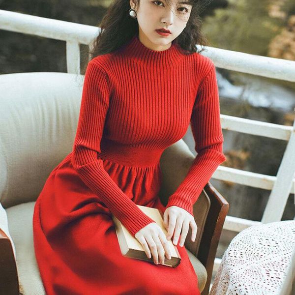 casual dresses winter women 2021 vintage half high colar long sleeve pullover fashion elegant lady knitting dress slim waist knitwear, Black;gray
casual dresses winter women 2021 vintage half high colar long sleeve pullover fashion elegant lady knitting dress slim waist knitwear, Black;gray