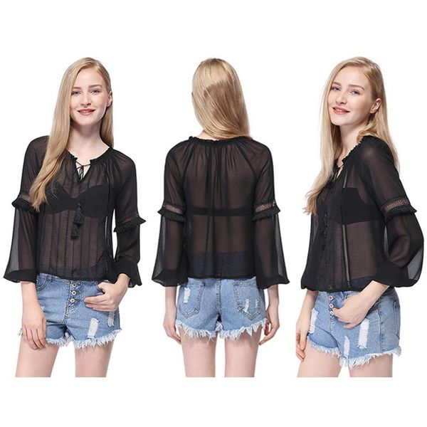 women's t-shirt women black mesh sheer see-through shirts soft outwear chiffon, White
women's t-shirt women black mesh sheer see-through shirts soft outwear chiffon, White