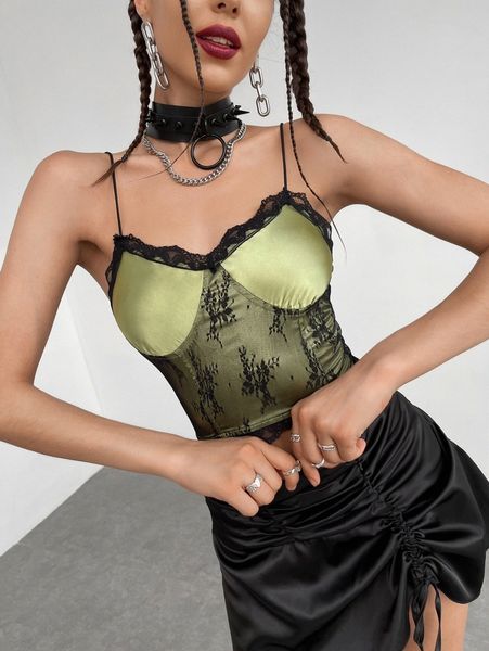 contrast lace bustier crop satin cami c9kh#, White