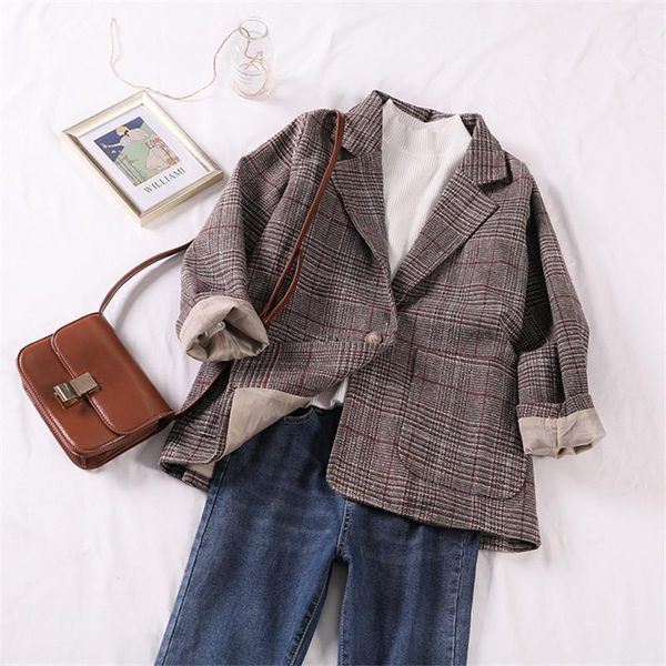 women blazers vintage office ladies plaid blazer long sleeve loose houndstooth suit coat female notched collar jacket m27 women's suits, White;black
women blazers vintage office ladies plaid blazer long sleeve loose houndstooth suit coat female notched collar jacket m27 women's suits, White;black