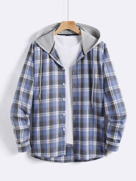 men plaid drawstring hooded shirt without tee 94ol#, White;black 
men plaid drawstring hooded shirt without tee 94ol#, White;black