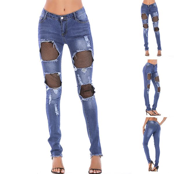fashion a pair of jeans 2021 women's with holes, Blue