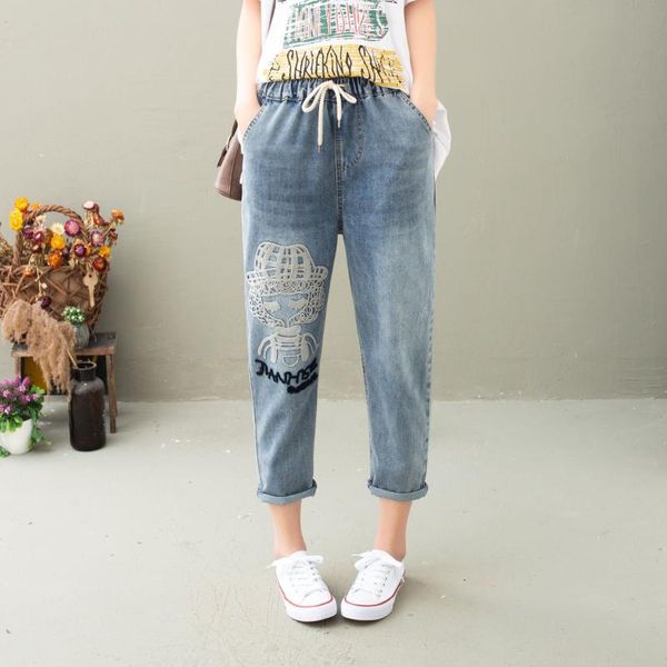 women's jeans korea fashion summner women cartoon embroidery loose denim harem pants elastic waist vintage ripped hole calf-length, Blue
women's jeans korea fashion summner women cartoon embroidery loose denim harem pants elastic waist vintage ripped hole calf-length, Blue
