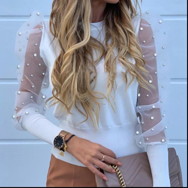 mesh lace puff sleeve womens blouses fashion elegant summer spring solid pearl beaded ladies blouse, White
mesh lace puff sleeve womens blouses fashion elegant summer spring solid pearl beaded ladies blouse, White
