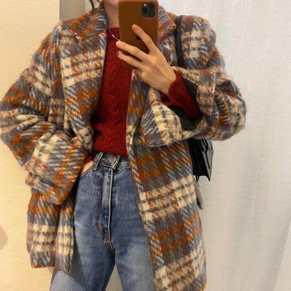 women's wool & blends plaid suit coat woolen thickened and cotton loose medium length winter 2021, Black
women's wool & blends plaid suit coat woolen thickened and cotton loose medium length winter 2021, Black