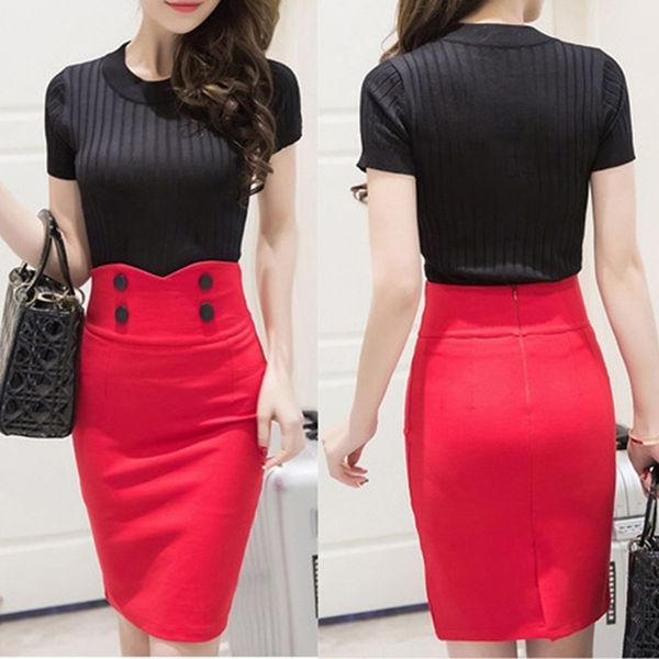 2021 high waist elastic women skirts elegant slim solid color black red double button ol back slit pencil skirts for women
2021 high waist elastic women skirts elegant slim solid color black red double button ol back slit pencil skirts for women