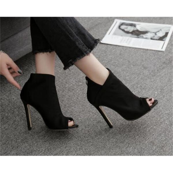 - design stretch fabric ankle boots peep toe cut-out high heels shoes women booties sandals, Black
- design stretch fabric ankle boots peep toe cut-out high heels shoes women booties sandals, Black