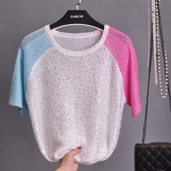 women's t-shirt summer short sleeve pullover sequined overclothes hollow sweater contrast color loose shiny for women, White
women's t-shirt summer short sleeve pullover sequined overclothes hollow sweater contrast color loose shiny for women, White