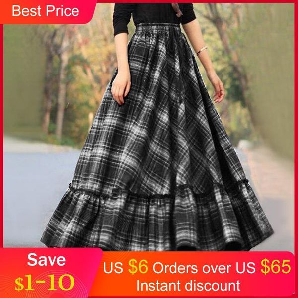 plaid autumn winter retro womens skirts high waist pleated casual maxi flare long, Black