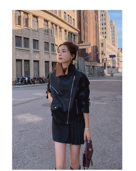 women's leather & faux 2021women's moto american zipper jacket coat fit joint contrast color chaqueta mujer slim spring autumn wom, Black
women's leather & faux 2021women's moto american zipper jacket coat fit joint contrast color chaqueta mujer slim spring autumn wom, Black