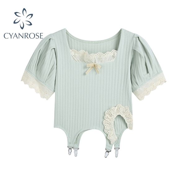 square collar short sleeve crop women summer korean sweet style patchwork lace slim lady green knitted pullovers 210515, White;black
square collar short sleeve crop women summer korean sweet style patchwork lace slim lady green knitted pullovers 210515, White;black