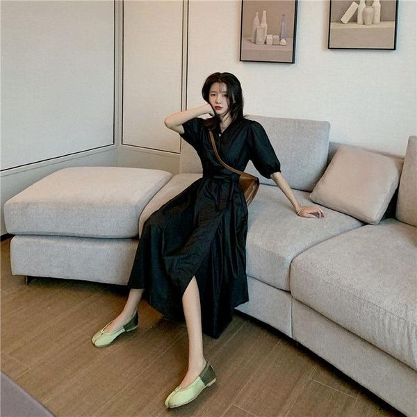 casual dresses women short sleeve dress v-neck solid high waist puff-sleeve elegant mid-calf belt design female ulzzang chic gentle ins, Black;gray
casual dresses women short sleeve dress v-neck solid high waist puff-sleeve elegant mid-calf belt design female ulzzang chic gentle ins, Black;gray