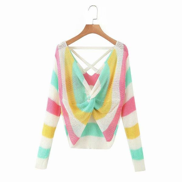 fashion v neck colorful striped women sweater knotted long sleeve thin chic casual slim s326, White;black
fashion v neck colorful striped women sweater knotted long sleeve thin chic casual slim s326, White;black