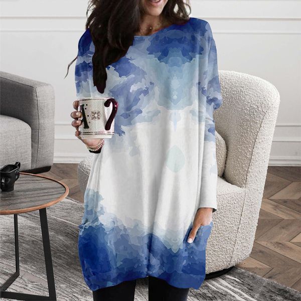 spring and autumn beautiful blue graffiti pattern long pocket t-shirt female elements round neck loose comfortable homewear, Black;gray
spring and autumn beautiful blue graffiti pattern long pocket t-shirt female elements round neck loose comfortable homewear, Black;gray