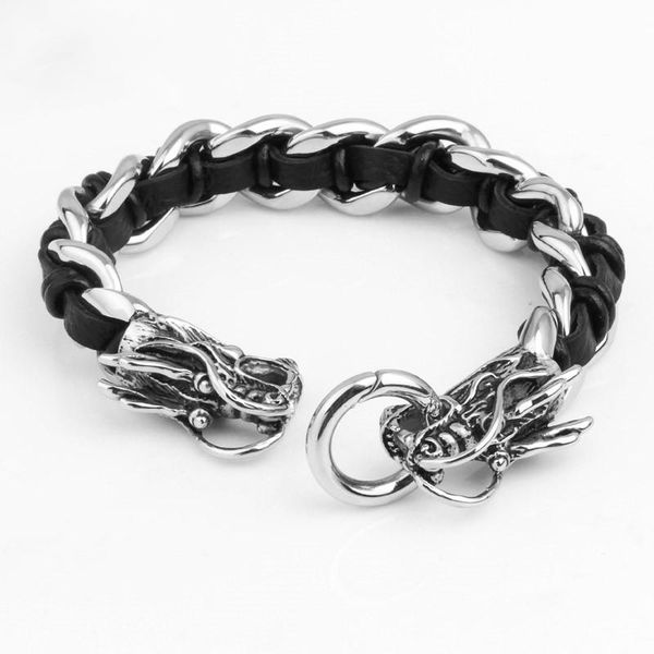 link, chain gothic 316l stainless steel animal dragon men's leather bracelets punk hand gifts for boyfriend, Black