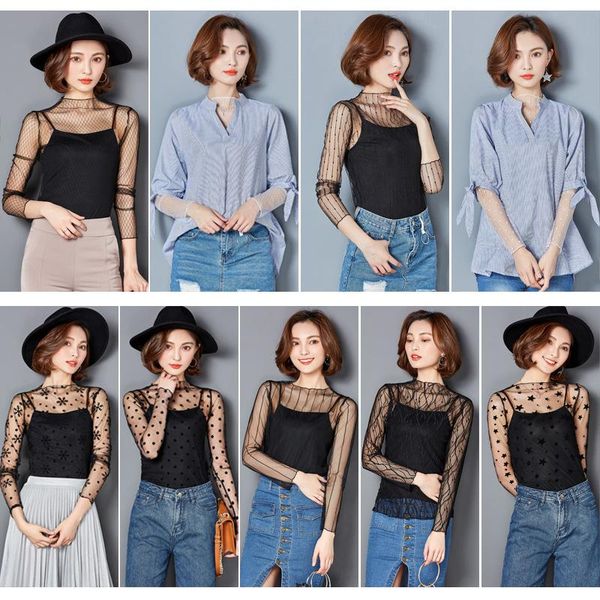 women's blouses & shirts women lace shirt mesh see-through long sleeve black dot star striped, White
women's blouses & shirts women lace shirt mesh see-through long sleeve black dot star striped, White