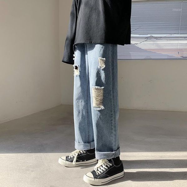 port 2021 wind broken hole dad pants trend street personality straight men's summer couple loose nine cent washing jeans, Blue
port 2021 wind broken hole dad pants trend street personality straight men's summer couple loose nine cent washing jeans, Blue