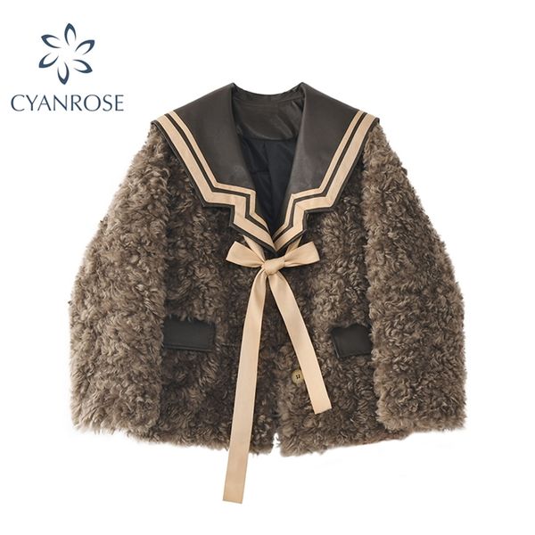 women's winter sheepskin short coat thick cotton warm fashion woolen vintage sailor collar lamb wool jackets female 210430, Black;brown
women's winter sheepskin short coat thick cotton warm fashion woolen vintage sailor collar lamb wool jackets female 210430, Black;brown
