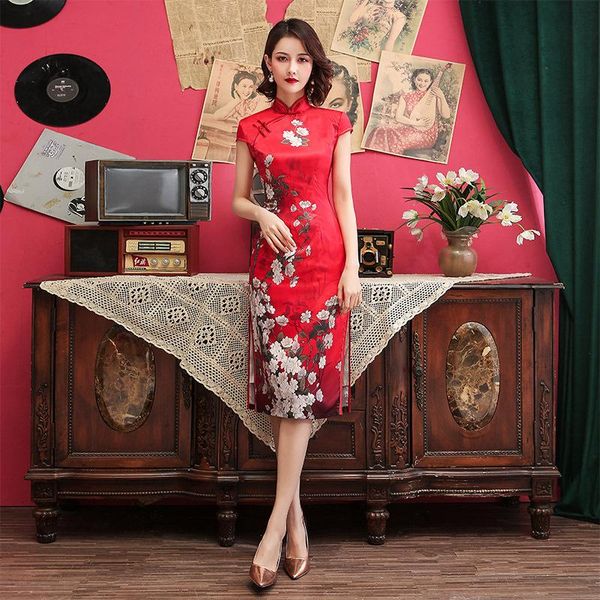 summer lady bride wedding party cheongsam print floral mid-length satin chinese dress slim short sleeve traditional qipao skirt ethnic cloth, Red
summer lady bride wedding party cheongsam print floral mid-length satin chinese dress slim short sleeve traditional qipao skirt ethnic cloth, Red