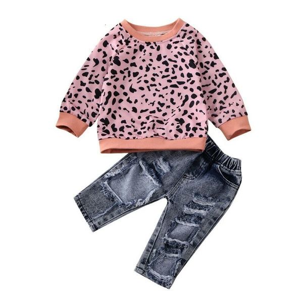 clothing sets focusnorm 1-6years 2pcs baby girls leopard t-shirt & denim pants toddler kids autumn outfit clothes set c0225, White