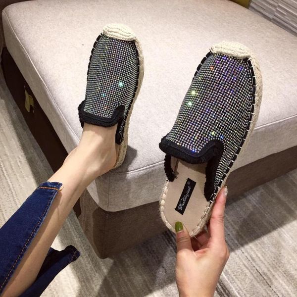 slippers summer crystal full diamond baotou flat shoes outdoor net red half women's fashion, Black