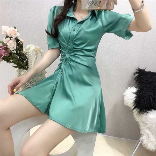 breasted fashion single slim satin shirt dress women's summer 2021 korean style a-line skirt, Black
breasted fashion single slim satin shirt dress women's summer 2021 korean style a-line skirt, Black