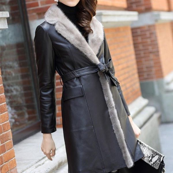 women's leather & faux genuine brand long coat women streetwear elegant collar sheepskin overcoat autumn fashion belt outerwear poc, Black
women's leather & faux genuine brand long coat women streetwear elegant collar sheepskin overcoat autumn fashion belt outerwear poc, Black