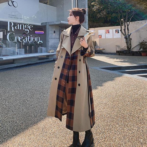 women's trench coats contrast color plaid patchwork femme autumn winter double breasted long outerwear korean style high end casual coa, Tan;black
women's trench coats contrast color plaid patchwork femme autumn winter double breasted long outerwear korean style high end casual coa, Tan;black