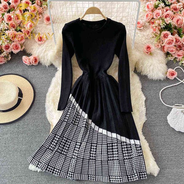 new autumn winter plaid stitched knitted dress women midi pleated a-line dress ladies girl fashion long sleeve knit long dress y1204, Black;gray
new autumn winter plaid stitched knitted dress women midi pleated a-line dress ladies girl fashion long sleeve knit long dress y1204, Black;gray