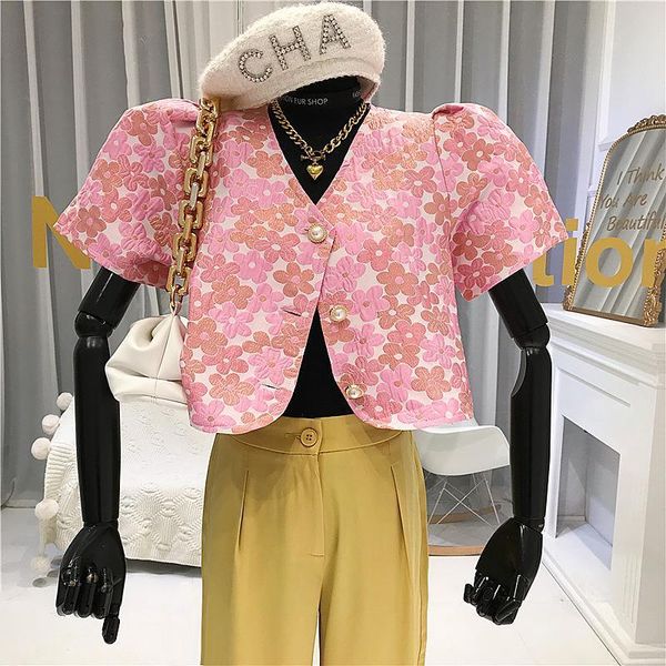 women's jackets 2021 summer single breasted elegant coats korean chic women outfit femme floral printed short sleeve coat kawaii q86, Black;brown
women's jackets 2021 summer single breasted elegant coats korean chic women outfit femme floral printed short sleeve coat kawaii q86, Black;brown
