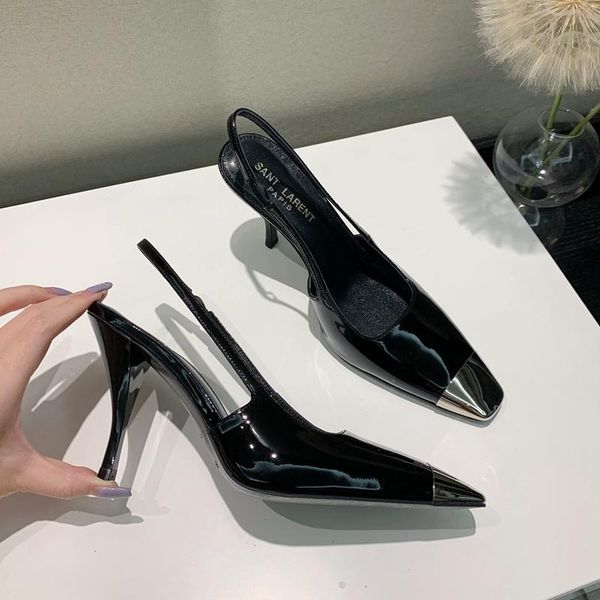 dress shoes 2021 summer metal small square toe shallow mouth with stiletto heel women's sandals, Black