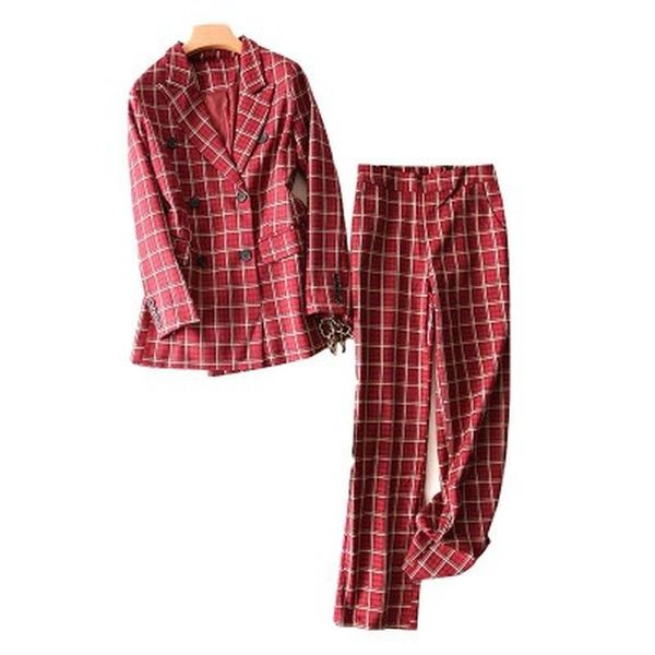 women blazer two piece sets long sleeve coat straight leg pants office lady suit plaid print set women's, White
women blazer two piece sets long sleeve coat straight leg pants office lady suit plaid print set women's, White