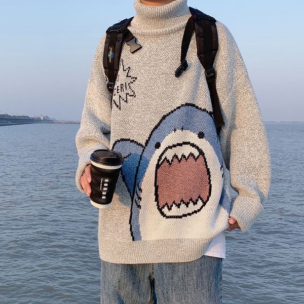 men's korean harajuku style turtleneck sweater, gray, large, shark, winter, 2021, White;black
men's korean harajuku style turtleneck sweater, gray, large, shark, winter, 2021, White;black