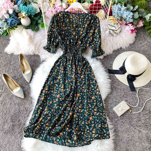 dresses boho vintage floral print ruffled v neck midi long chiffon summer elastic waist party women beach holiday, Black;gray 
dresses boho vintage floral print ruffled v neck midi long chiffon summer elastic waist party women beach holiday, Black;gray