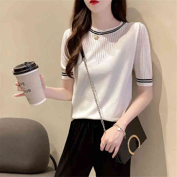 women's t-shirt loose hollow out splice short sleeve knitwear women casual summer knitted korean fashion o-neck pullover tee, White
women's t-shirt loose hollow out splice short sleeve knitwear women casual summer knitted korean fashion o-neck pullover tee, White
