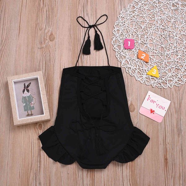 lace up girls' swimsuit backless black children's solid wear, White;black