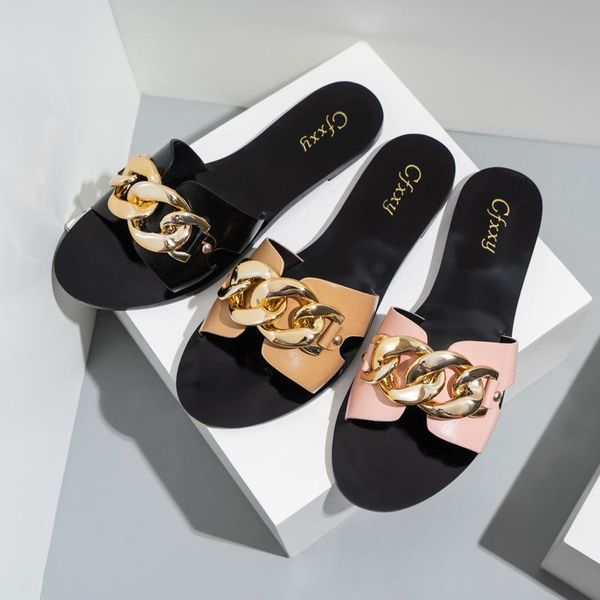 women's shoes 2021 summer style european and american fashion metal chain flat heel solid color casual slippers, Black
women's shoes 2021 summer style european and american fashion metal chain flat heel solid color casual slippers, Black