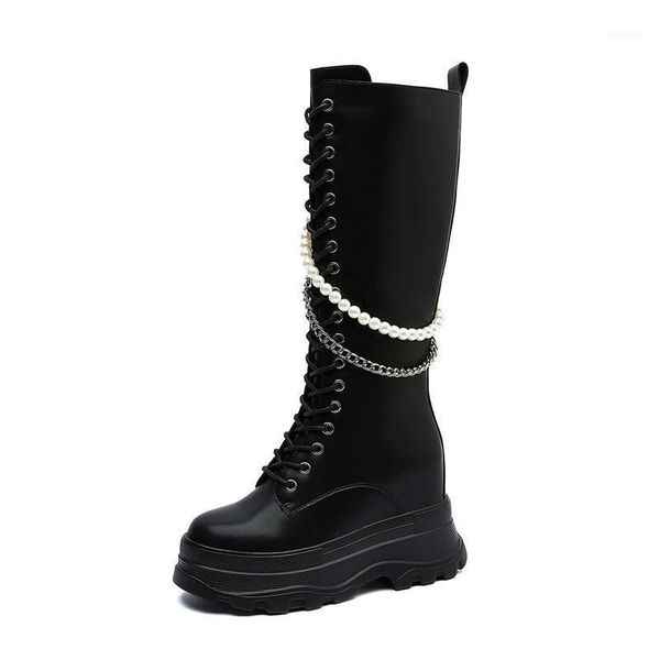 boots genuine leather women knee high 9cm platform wedge chunky heel lace up female pearl booties, Black
boots genuine leather women knee high 9cm platform wedge chunky heel lace up female pearl booties, Black