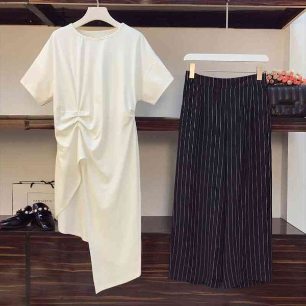 summer suits chic design womenpant shirring asymmetric long dress with striped wide leg pants two piece set female, White
summer suits chic design womenpant shirring asymmetric long dress with striped wide leg pants two piece set female, White