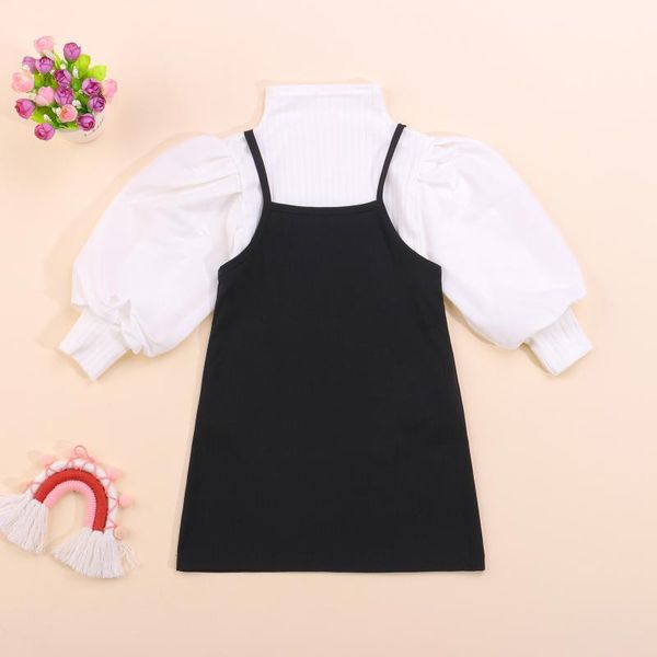 girl's dresses 2 pieces autumn kids suit set fashion solid color mock neck long puff sleeve ribbed + slip dress for toddler 1-6 years, Red;yellow 
girl's dresses 2 pieces autumn kids suit set fashion solid color mock neck long puff sleeve ribbed + slip dress for toddler 1-6 years, Red;yellow