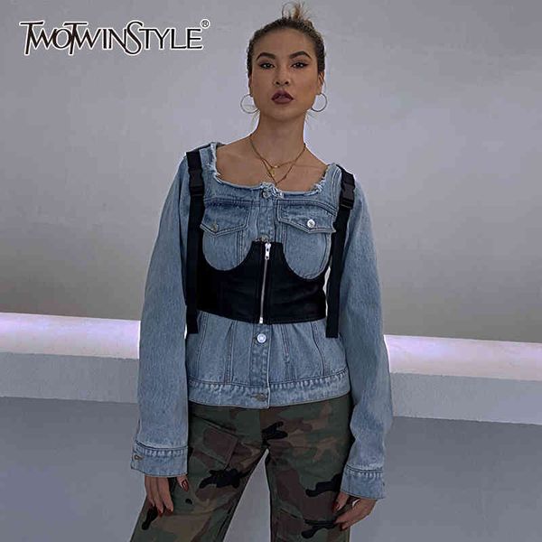 twotwinstyle casual two piece set for women square collar long sleeve denim jacket solid short tank female sets spring 210517, White
twotwinstyle casual two piece set for women square collar long sleeve denim jacket solid short tank female sets spring 210517, White