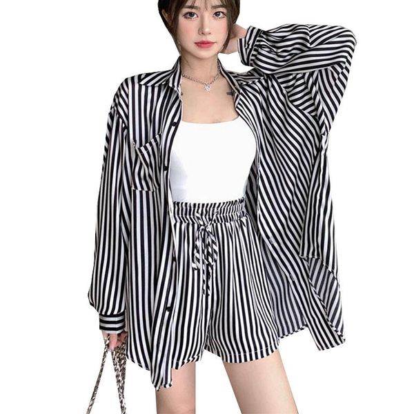 women's tracksuits fashion women 2 pieces sets striped long sleeve woman suits turn-down collar shirt + shorts ladies casual outfits, Gray
women's tracksuits fashion women 2 pieces sets striped long sleeve woman suits turn-down collar shirt + shorts ladies casual outfits, Gray