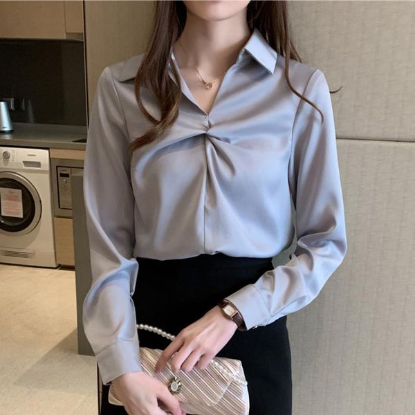 women's blouses & shirts autumn office lady solid color satin shirt women fashion v-neck long sleeve blouse female elegant folds kink, White
women's blouses & shirts autumn office lady solid color satin shirt women fashion v-neck long sleeve blouse female elegant folds kink, White