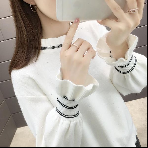 womens sweater autumn winter flare sleeve casual loose bottoming shirt long turtleneck striped jumper jersey, White;black
womens sweater autumn winter flare sleeve casual loose bottoming shirt long turtleneck striped jumper jersey, White;black