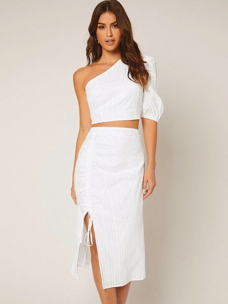 one shoulder & split hem skirt e4ds#, White
one shoulder & split hem skirt e4ds#, White