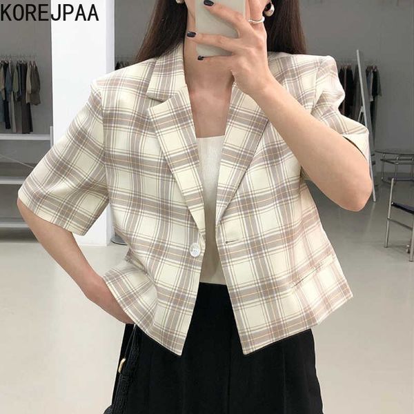 korejpaa women jackets summer french temperament all-match lapel one button loose thin short-sleeved plaid suit jacket 210526, White;black
korejpaa women jackets summer french temperament all-match lapel one button loose thin short-sleeved plaid suit jacket 210526, White;black