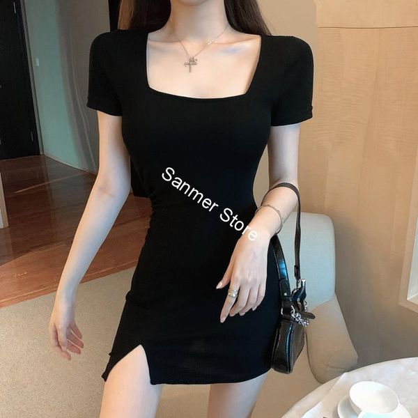 dress women knit slit mini retro black stretch slim square collar short sleeve thin female summer high waist dress, Black;gray
dress women knit slit mini retro black stretch slim square collar short sleeve thin female summer high waist dress, Black;gray
