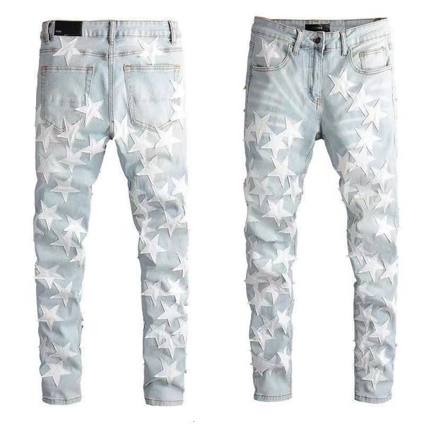 new am fashion brand embroidered white five pointed star patched leather wash patch used jeans men's high street, Blue
new am fashion brand embroidered white five pointed star patched leather wash patch used jeans men's high street, Blue