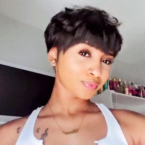 full machine made brazilian short straight human hair wigs african american none lace front wig for black women, Black;brown