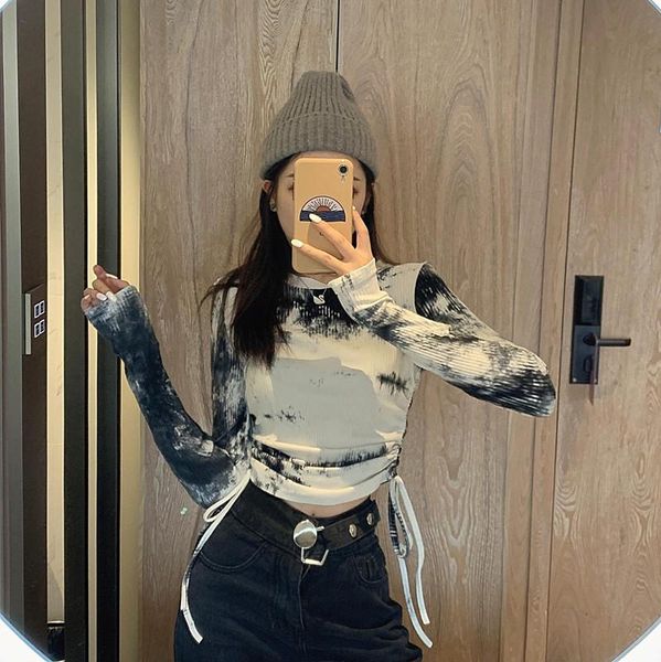 women's t-shirt 2021 western style drawstring blooming long-sleeved characteristic short slim fashion, White
women's t-shirt 2021 western style drawstring blooming long-sleeved characteristic short slim fashion, White